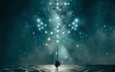 Illustration of a ship on a patch of calm seas in the midst of heavier seas. In the sky is a made up constellation in the shape of an anchor. This all illustrates the article Clinging to the Anchor of Hope.